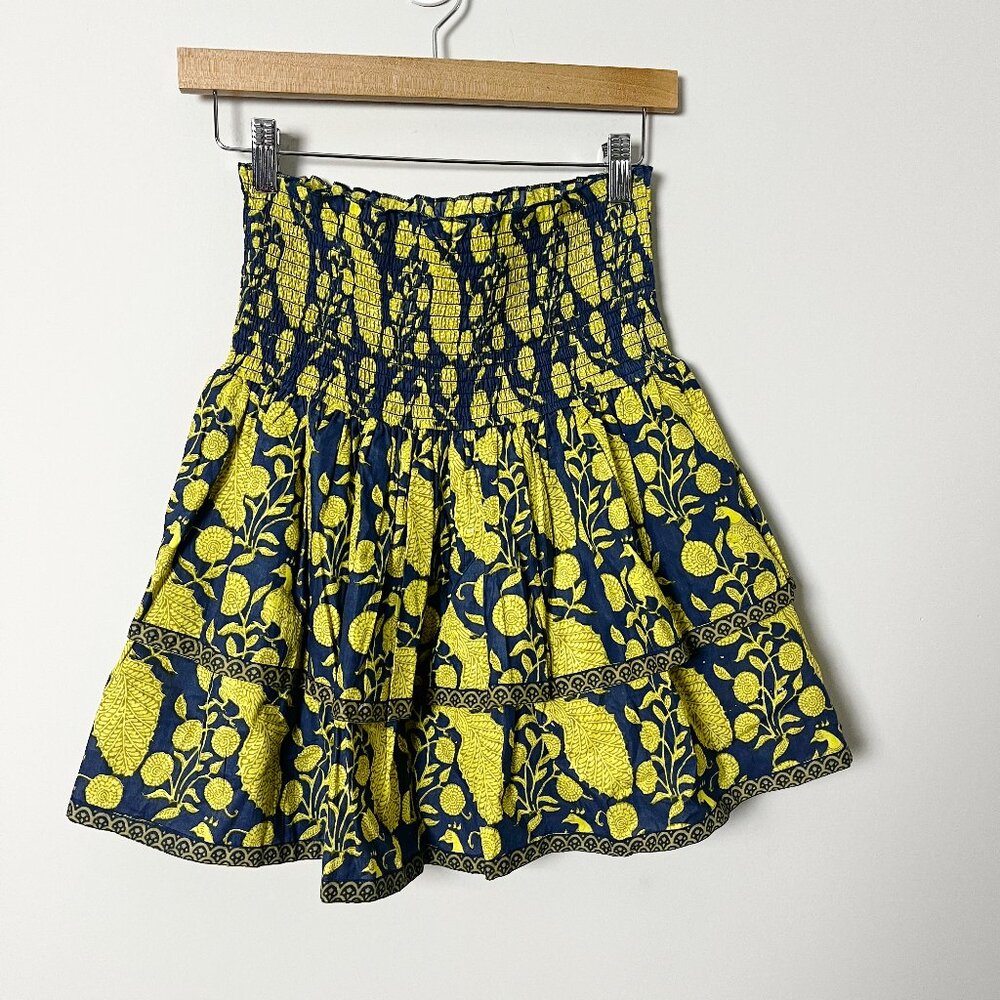2/$30 La Plage Palace Smocked Mini Skirt Navy Chartreuse Small - Picture 3 of 5